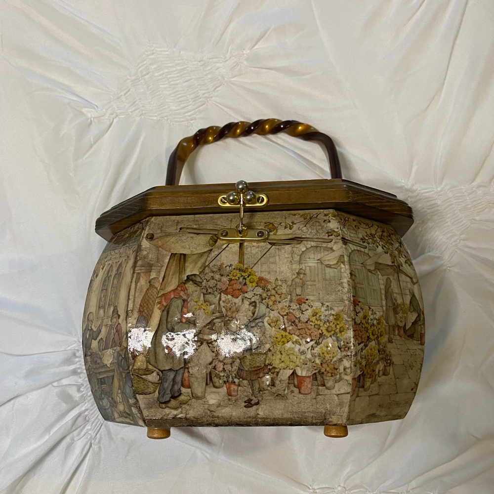 VINTAGE Antin Pieck Decouparge Wooden Octagon Purse